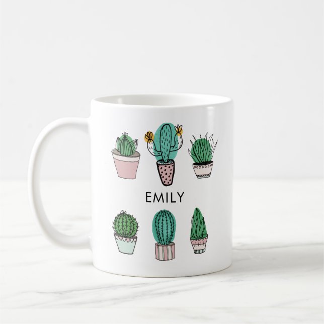 Cacti succulents illustration personalized name coffee mug (Left)