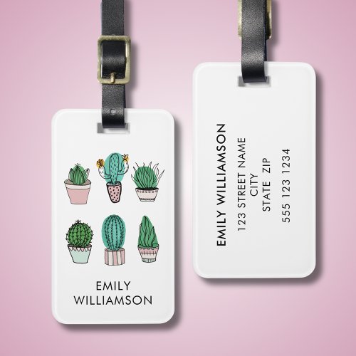 Cacti succulents illustration personalized name luggage tag