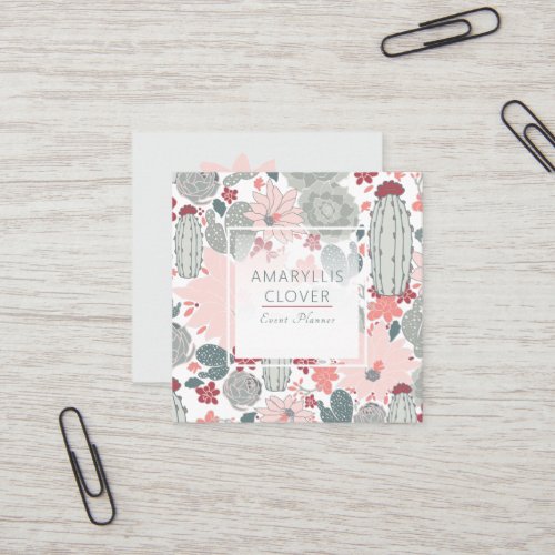 Cacti Succulents Pink Green Pattern Square Business Card