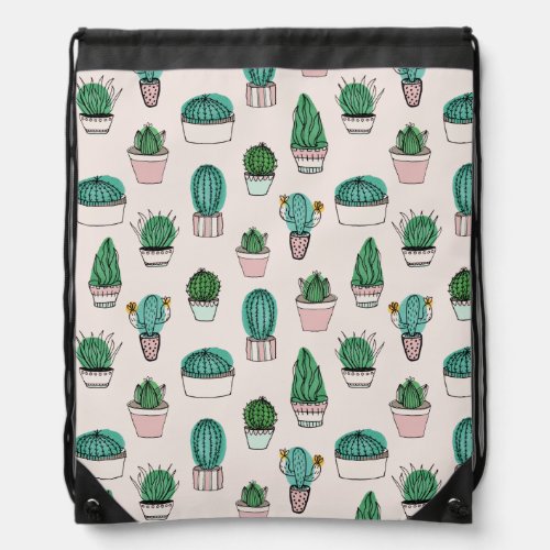 Cacti succulents potted plant pattern drawstring bag