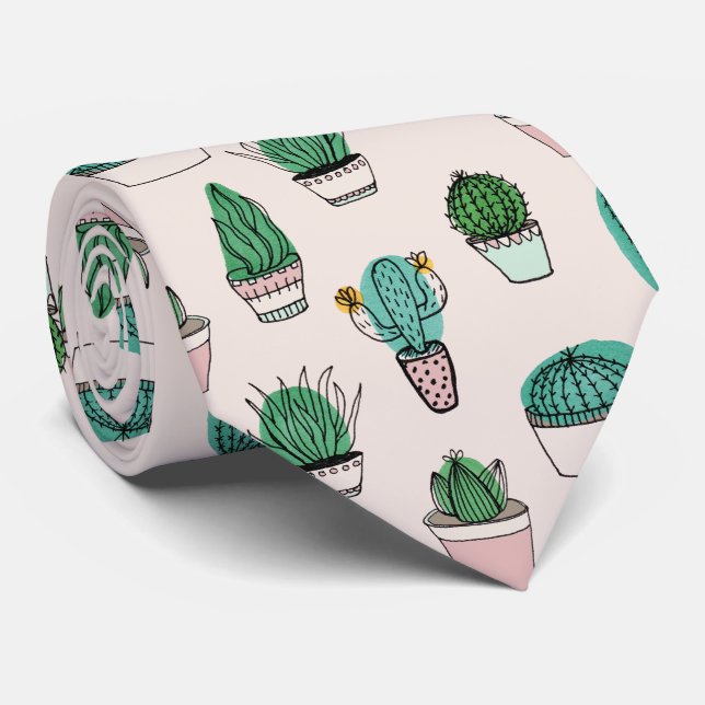 Cacti succulents potted plant pattern neck tie (Rolled)