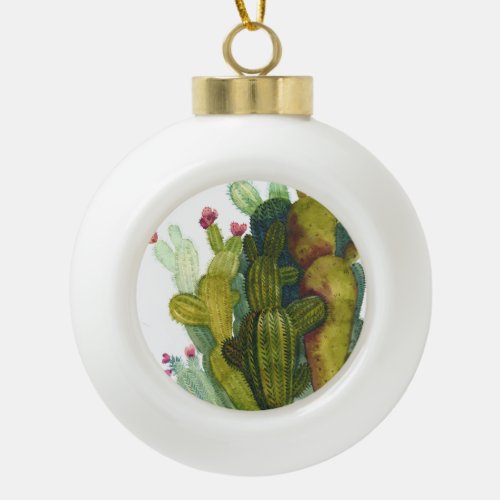 Cacti succulents vintage watercolor ceramic ball christmas ornament