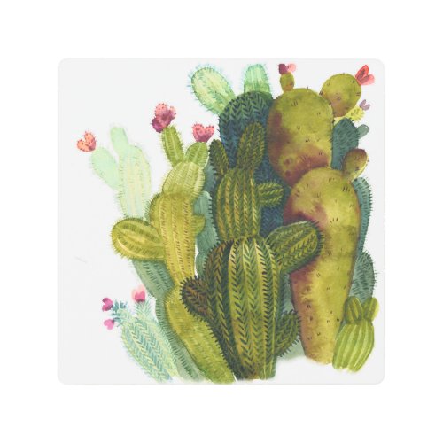Cacti succulents vintage watercolor metal print