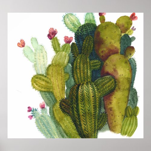 Cacti succulents vintage watercolor poster