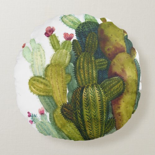 Cacti succulents vintage watercolor round pillow