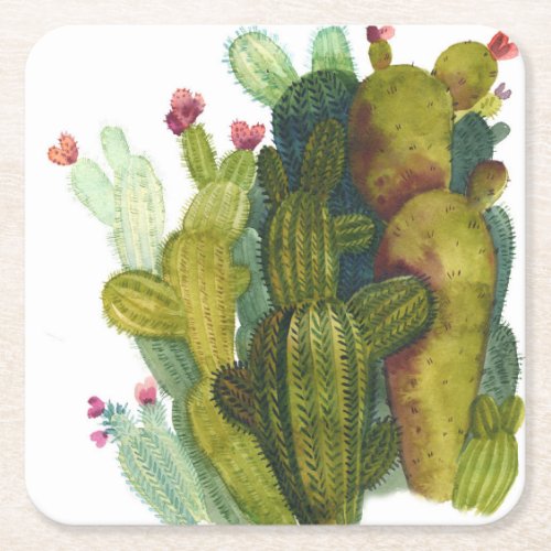 Cacti succulents vintage watercolor square paper coaster