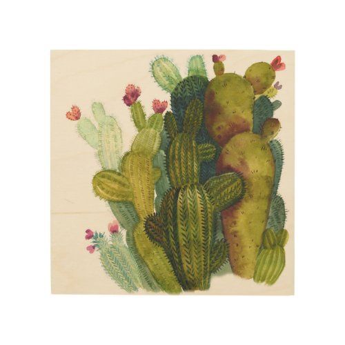 Cacti succulents vintage watercolor wood wall art