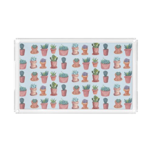 Cacti Succulents Watercolor Terracotta Blue Acrylic Tray