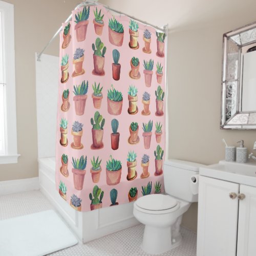 Cacti Succulents Watercolor Terracotta Pink Shower Curtain