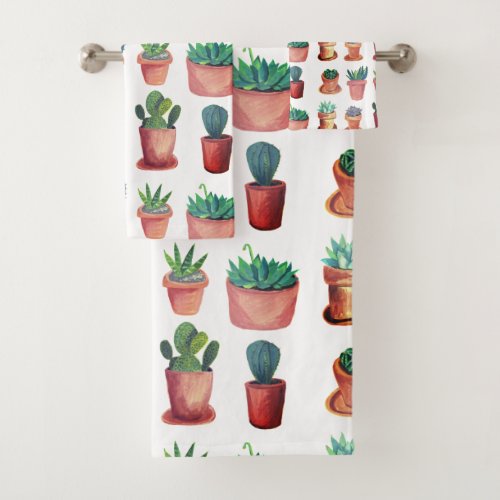 Cacti Succulents Watercolor Terracotta Pots White Bath Towel Set