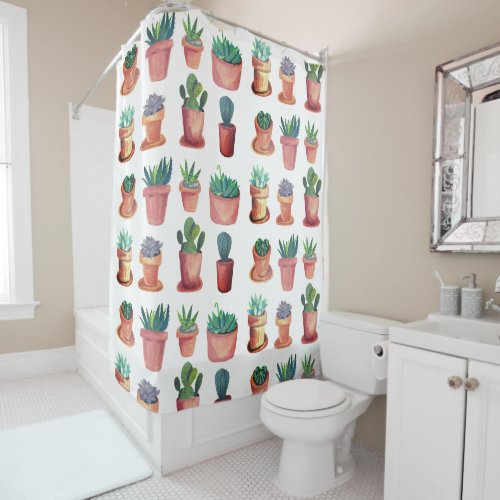 Cacti Succulents Watercolor Terracotta Pots White Shower Curtain