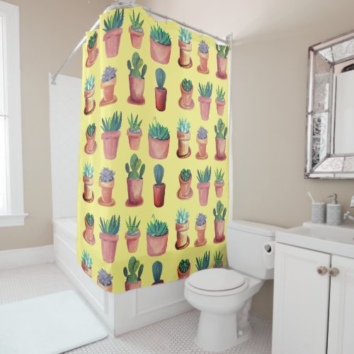 Cacti Succulents Watercolor Terracotta Yellow Shower Curtain