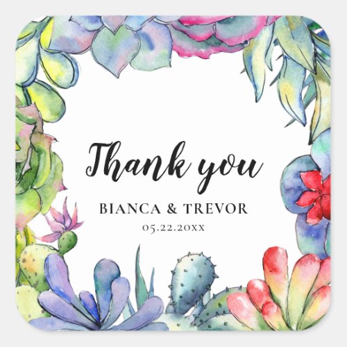 Cacti  succulents watercolor wedding thank you square sticker