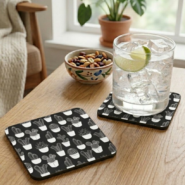 Cacti White Line Art Pattern Beverage Coaster (Creator Uploaded)