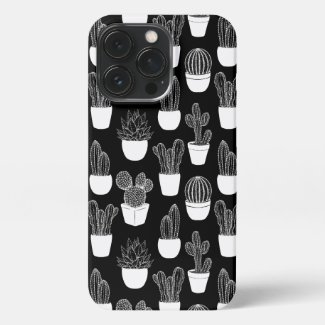Cacti White Line Art Pattern
