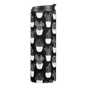 Cacti White Line Art Pattern Thermal Tumbler