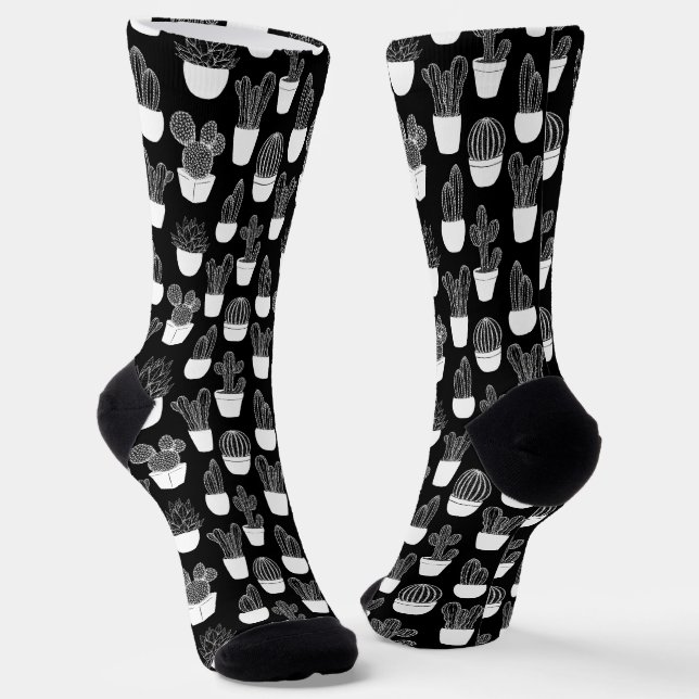 Cacti White Line Art Small Pattern Socks (Angled)