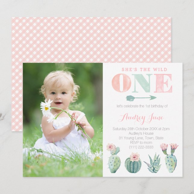 Cactus 1st Birthday Invitations for Girl, Pastels (Front/Back)