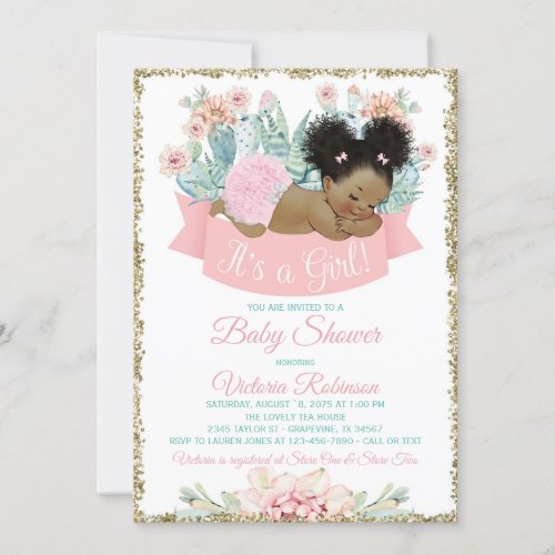 Cactus African American Afro Girl Baby Shower Invitation