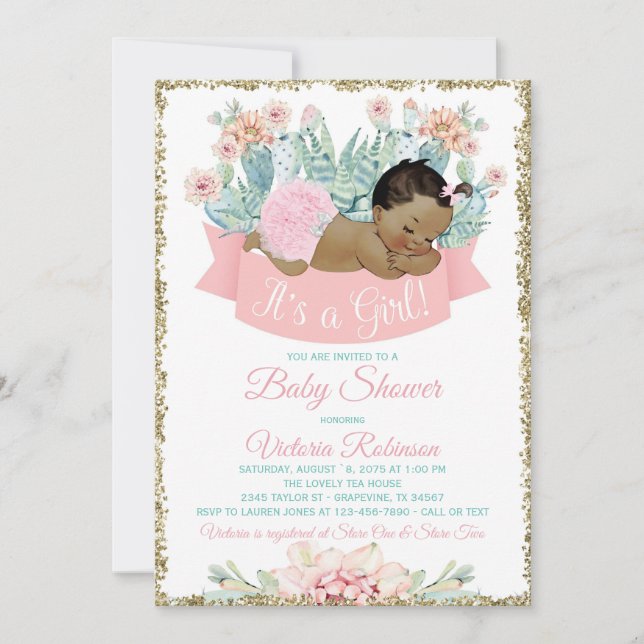 Cactus African American Girl Baby Shower Invitation (Front)