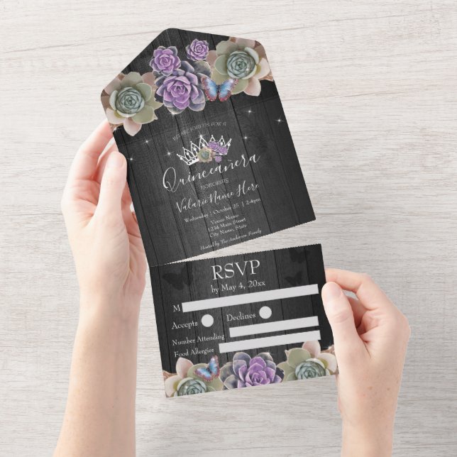 Cactus and Butterfly Elegant Quinceanera Gray All In One Invitation (Tearaway)