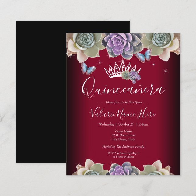 Cactus and Butterfly Elegant Quinceanera Invitatio (Front/Back)