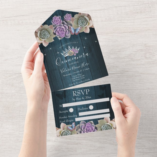 Cactus and Butterfly Elegant Quinceanera wood All In One Invitation (Tearaway)