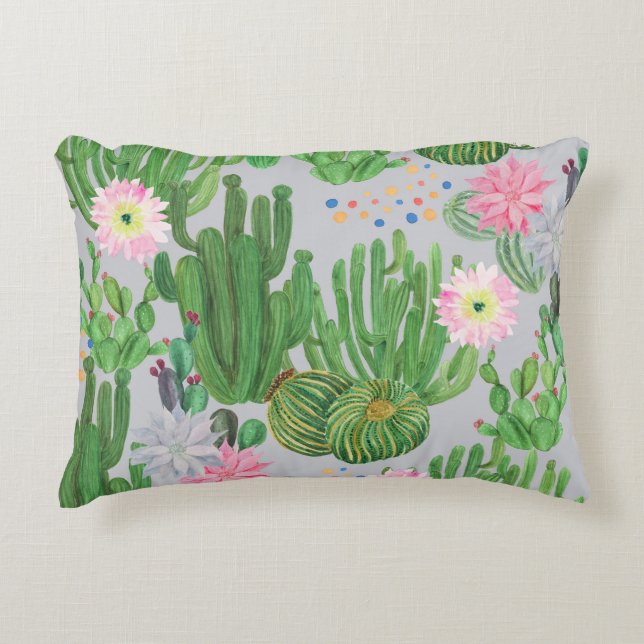 Cactus and flowers, watercolor seamless painting. accent pillow (Front)