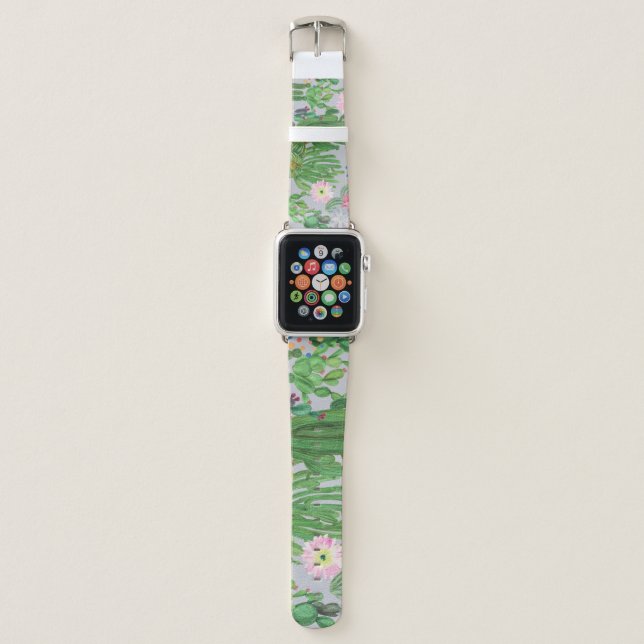 Cactus and flowers, watercolor seamless painting. apple watch band (Front)