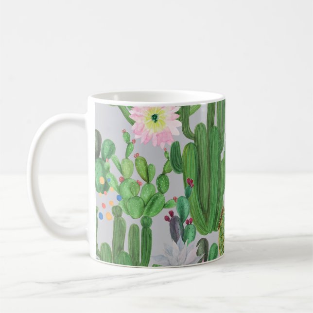 Cactus and flowers, watercolor seamless painting. coffee mug (Left)