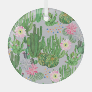 Cactus and flowers, watercolor seamless painting. glass ornament