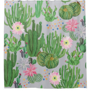 Cactus and flowers, watercolor seamless painting. shower curtain