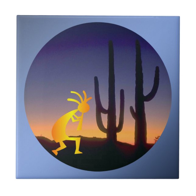 Cactus and Kokopelli Round Tile (Front)