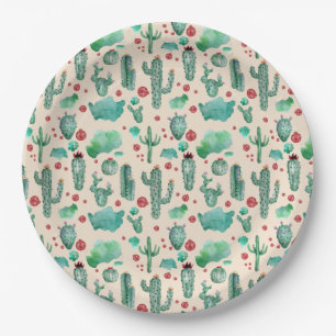cactus and ladybug pattern - beige background paper plates