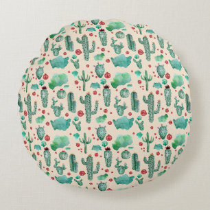 cactus and ladybug pattern - beige background round pillow