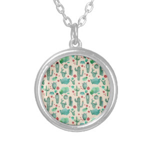 cactus and ladybug pattern - beige background silver plated necklace