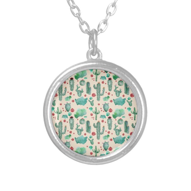 cactus and ladybug pattern - beige background silver plated necklace (Front)