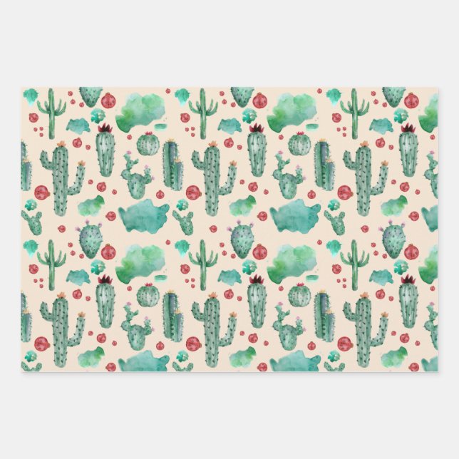 cactus and ladybug pattern - beige background wrapping paper sheets (Front)