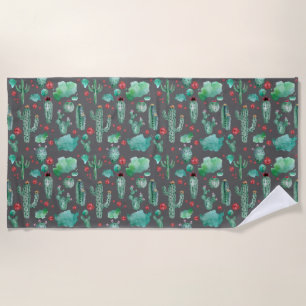 cactus and ladybug pattern - black background beach towel