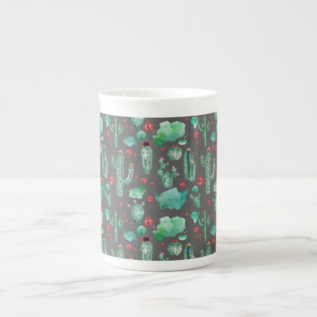 cactus and ladybug pattern - black background bone china mug (Front)