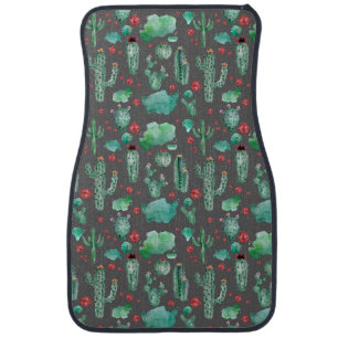 cactus and ladybug pattern - black background car floor mat