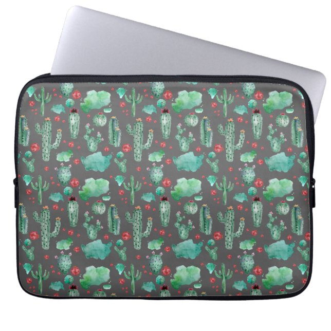 cactus and ladybug pattern - black background laptop sleeve (Front)