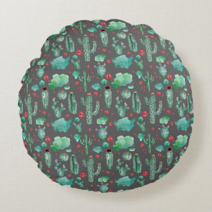 cactus and ladybug pattern - black background round pillow
