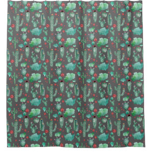 cactus and ladybug pattern - black background shower curtain