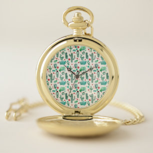 cactus and ladybug pattern - cream background pocket watch