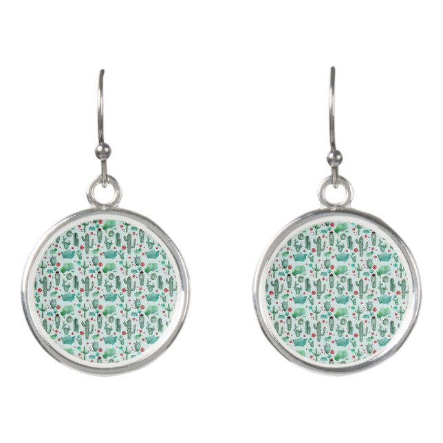 cactus and ladybug pattern - light blue background earrings (Front)