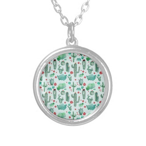 cactus and ladybug pattern _ light blue background silver plated necklace