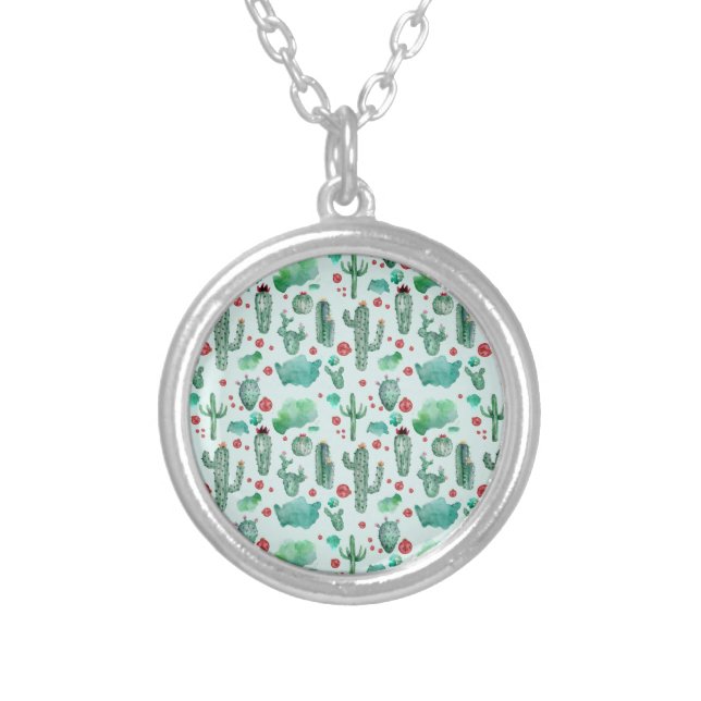 cactus and ladybug pattern - light blue background silver plated necklace (Front)