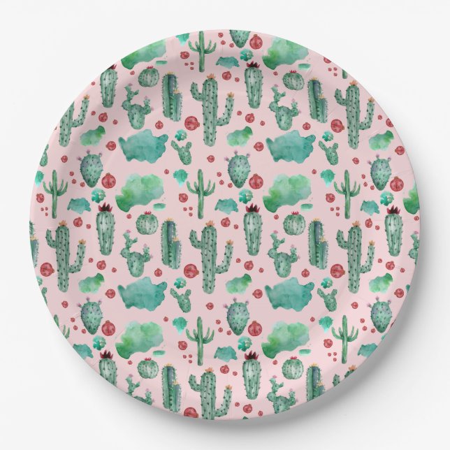 cactus and ladybug pattern - light pink background paper plates (Front)