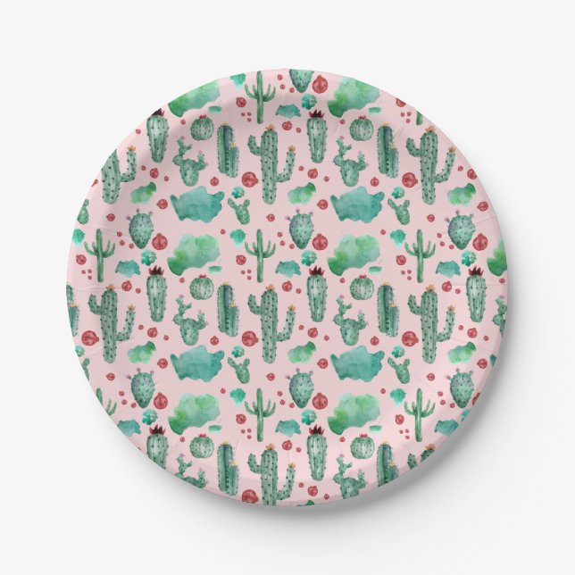 cactus and ladybug pattern - light pink background paper plates (Front)